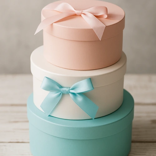 Пастельные круглые подарочные коробки с лентами