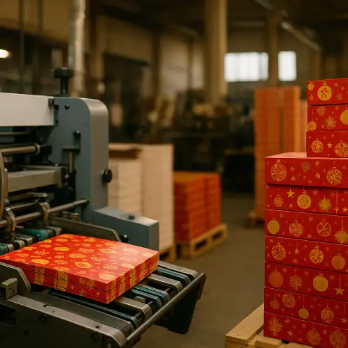 Производственный цех: станок и стопки подарочных коробок